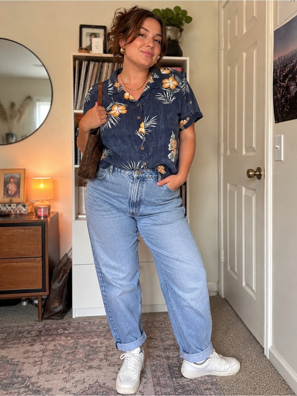 vintage caribbean joe tropical hibiscus button up shirt women’s large fisherman